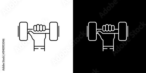 Simple line art icon illustration of a hand holding a dumbbell, presented on both black and white backgrounds for versatile design applications