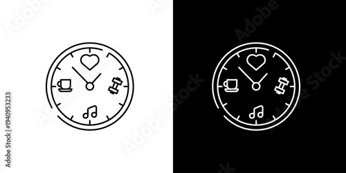 Conceptual outline icon illustrating personal time management and a balanced daily routine, featuring a clock with work, wellness, and leisure activity symbols