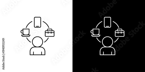 Modern Life Balance Icon Person surrounded by work, communication, and leisure symbols. Visualizing daily priorities and personal management