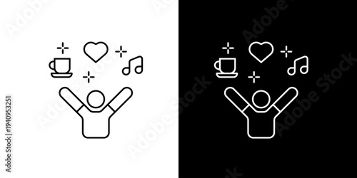 Person with icons of coffee, heart, and music notes, representing a fulfilling and happy lifestyle on white and black backgrounds
