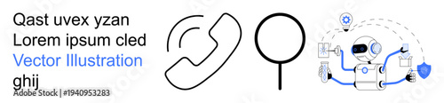 Communication, artificial intelligence, automation, cybersecurity, digital services, customer support. Robot interacting with icons, magnifying glass phone outline. AI and automation in digital