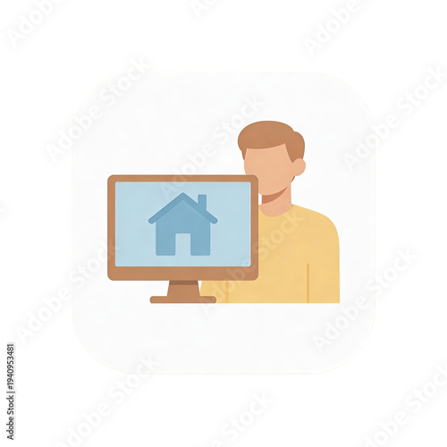 Wallpaper Mural Illustration of a man in a yellow shirt with a computer displaying a house icon, symbolizing real estate or property technology. Shows a simple, flat design of a person and digital device. Torontodigital.ca