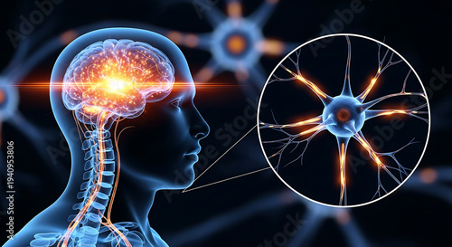 Glowing Human Brain and Neuron Connection - Medical Science, Neural Network and Neuroscience Concept