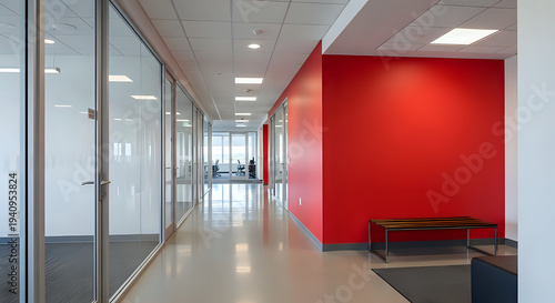 A modern office hallway with a red accent wall and glass doors