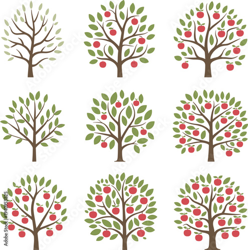 Nine stylized apple tree illustrations showing seasonal growth, orchard design, fruit harvest, foliage diversity, agriculture, nature art, botanical education