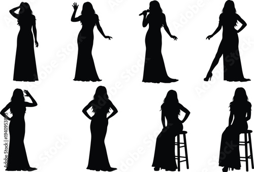 Elegant female singer silhouettes collection performing with microphone and posing in long dresses, glamorous women vector illustration isolated on white background