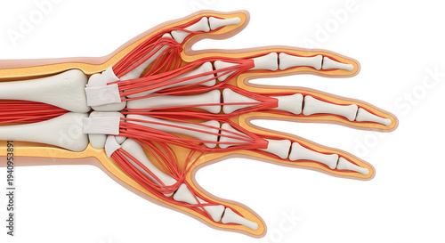 Detailed Anatomical Model of Human Hand Skeleton with Muscles, Tendons, and Ligaments on White Background