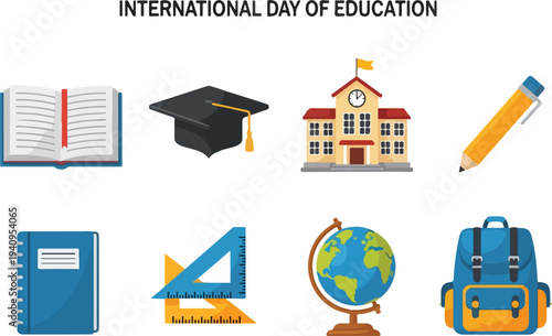 Illustration with educationrelated icons book graduation cap schoolhouse pencil notebook ruler globe backpack