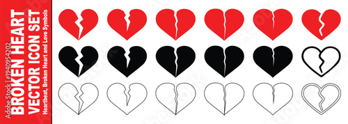 Broken Heart Icons Collection – Love Breakup Symbol Set, Red Black Outline Heart Vector
