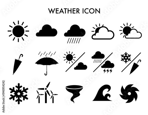 シンプルで視認性の高い天気アイコンセット。ミニマルな黒のフラットデザイン