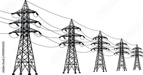 High voltage power transmission towers silhouette with connected electric lines, industrial energy infrastructure vector illustration isolated on white background electricity concept