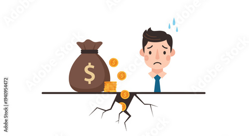 A man with sweat drops on his forehead looks at a brown money bag while gold coins fall through a jagged black crack in the horizontal ground.