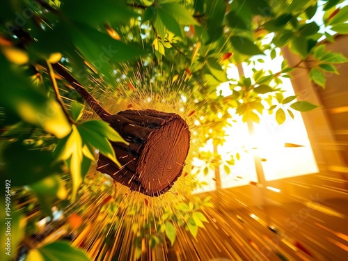 Wood-chopping whirlwind, emerald leaves & amber light caught in a dizzying, low-angle slash,  artistic,  intense