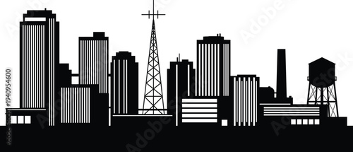 Modern city skyline silhouette with skyscrapers, industrial buildings, radio tower and water tank, urban architecture vector illustration isolated on white background