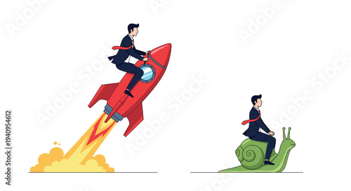 A businessman in a suit rides a red rocket with yellow exhaust while another businessman sits on the shell of a green snail on a white background.