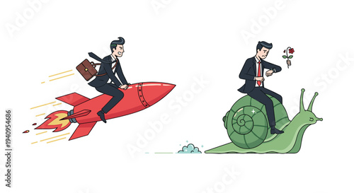 A businessman with a brown briefcase rides a red rocket past another businessman who sits on a green snail while checking his wristwatch.