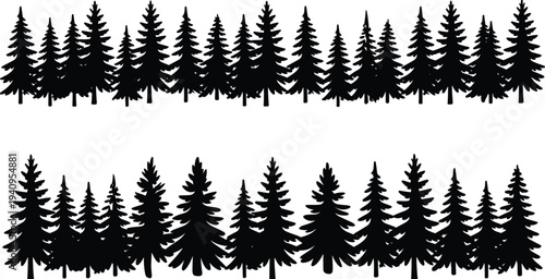 Pine tree forest silhouette border set, evergreen woodland landscape vector illustration, conifer trees collection isolated, nature scenery decorative design element
