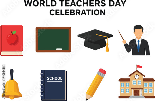 Image features icons book chalkboard graduation cap teacher bell notebook pencil school building