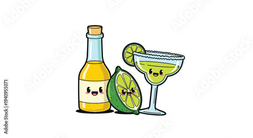 A cartoon tequila bottle with a cork stands next to a smiling lime wedge and a margarita glass on a white background.