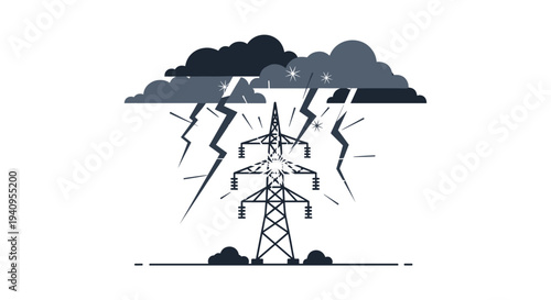 A high voltage power line tower is struck by multiple bolts of lightning during a storm on a white background.