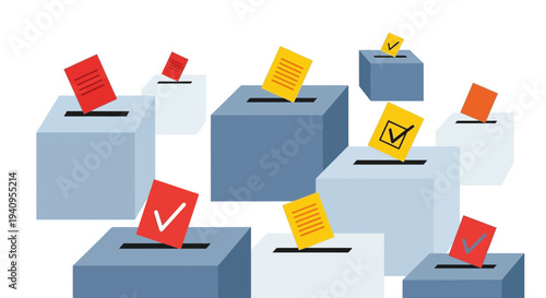 Multiple blue and light blue ballot boxes with red and yellow voting slips, some marked with checkmarks, representing election, democracy, and political choice vector illustration