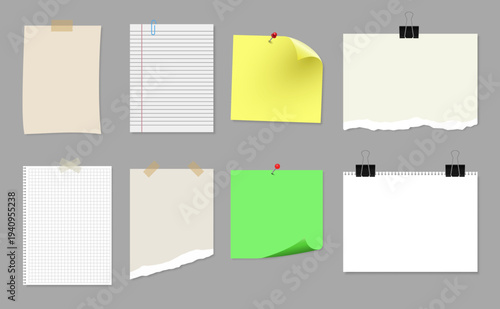Realistic paper notes and sticky notes collection with clips pins and tape on gray background