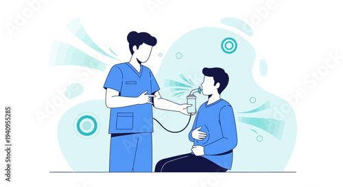 Medical professional administering respiratory treatment to patient with nebulizer, illustration