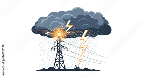 A metal electricity pylon stands in a heavy rainstorm as lightning strikes the top of the tower against dark clouds.
