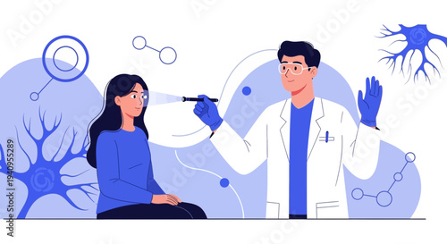 Neurologist examining patient's eye with flashlight, neuron graphics, medical checkup
