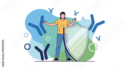 Person Protected by Shield, Antibodies Fighting Infection, Immune System Defense Concept