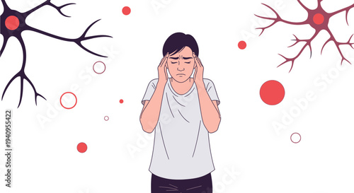 Person with headache, stress, and neurological disorder, surrounded by neurons
