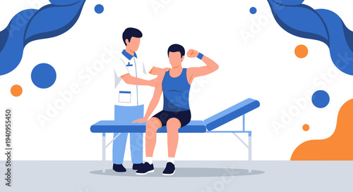 Physical therapist examining athlete's shoulder during rehabilitation session on examination table