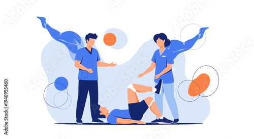Physical therapy, rehabilitation, and healthcare professionals assisting patient with knee injury recovery