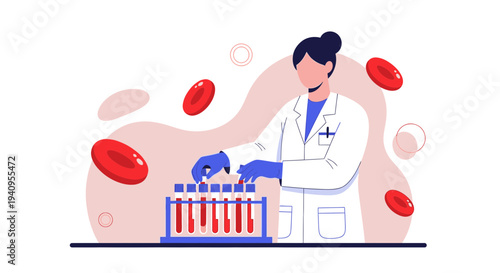 Scientist analyzing blood samples in laboratory, red blood cells illustration
