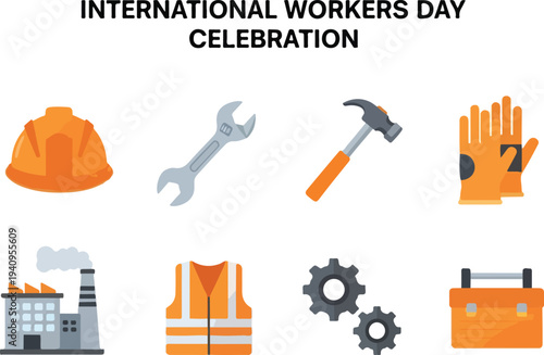 International Workers Day Celebration graphic with construction tools factory vest gears and toolbox