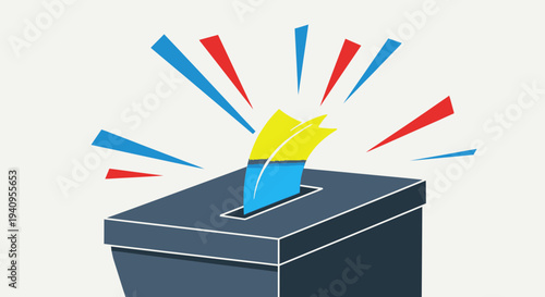 Modern vector illustration of a dark blue ballot box with a blue and yellow ballot paper being cast, surrounded by red and blue rays, symbolizing voting, elections, and democratic processes.