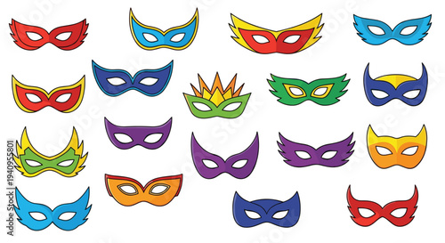 Eighteen colorful illustrated superhero eye masks with various winged shapes are arranged against a white background.
