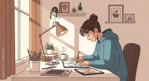 Remote Education and Creative Study Routine, Teenager Sketching at Cozy Home Office Desk Vector Illustration