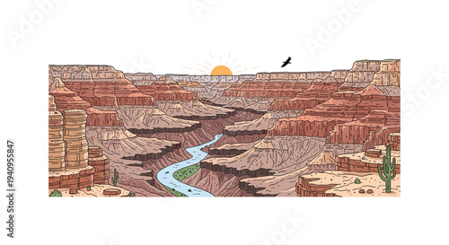 A landscape illustration shows a blue river winding through red rock formations of the Grand Canyon under a setting sun.