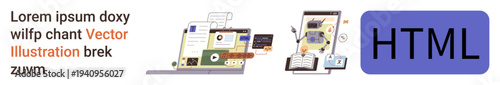 Web design, coding, HTML, user interface, programming tutorials, digital learning. Digital screens with coding visuals and HTML text icon. Web design and coding concept