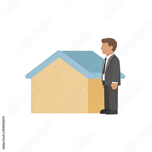 Wallpaper Mural Flat vector illustration of a professional businessman in suit standing beside a simple house. Represents business, real estate, or professional services. Isolated on white. Torontodigital.ca