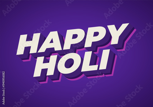 Bold 3d text saying happy holi in cream with pink and purple shadows on a deep purple background, festive retro typography