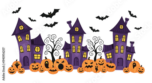 Three crooked purple houses stand behind a row of carved orange jack-o-lanterns while black bats fly above gnarled trees.