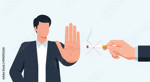 Anti Smoking Campaign Illustration, Man Showing Stop Hand Gesture Refusing Cigarette Healthcare Concept