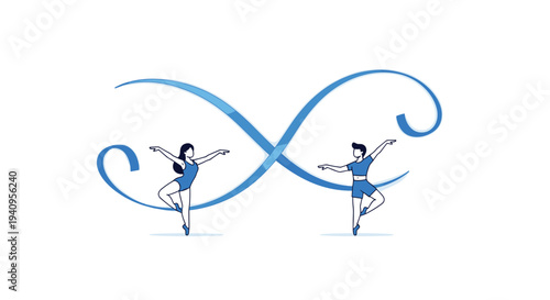 Two illustrated ballet dancers in blue outfits perform poses in front of a large flowing blue ribbon infinity symbol.