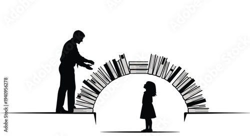 A black silhouette of a man reaches toward a bridge made of books while a small girl stands beneath the arch on white.