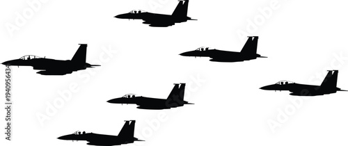 Fighter jet silhouette formation, military aircraft flying, aerial combat aviation, twin tail design, air force power, strategic flight coordination scene