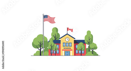 Modern Flat Design School Building Vector Illustration with American and Canadian Flags, Green Trees, and a Yellow Clock for Education Concepts