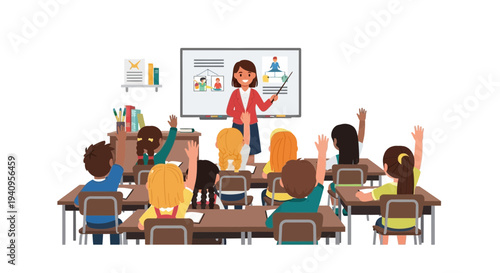 Diverse elementary school children raising hands in a classroom with a female teacher presenting on a whiteboard, flat vector illustration for education and learning concepts