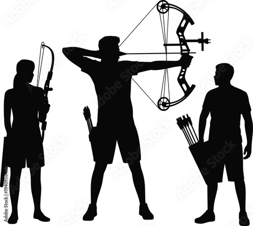 Archery silhouette illustration, three archers practicing, compound bow aiming, quiver arrows, sports training, precision shooting, outdoor activity, competitive archery scene